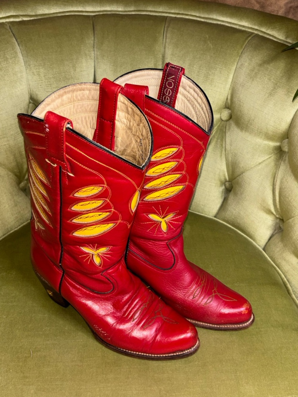 Vtg 80s Women's SASSON Jeans Red Yellow Cowboy Cowgirl High Heel 7.5 B Boots - Picture 3 of 11